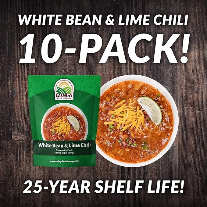 Valley Food Storage White Bean &amp Lime Chili | 10-Bag Bucket 50 Servings | Premium Emergency Food Supply 25 Year Shelf Life | Survival Meal Kits Prepper Food &amp Off-Grid Living Supplies Pack