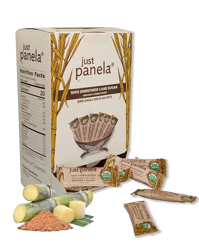 Just Panela Organic Unrefined Cane Sugar Packets 200 Ct box | 100% Unprocessed Raw Sugar | Great for Baking Cooking &amp Sweetening | Healthier Alternative to Regular Refined Sugar