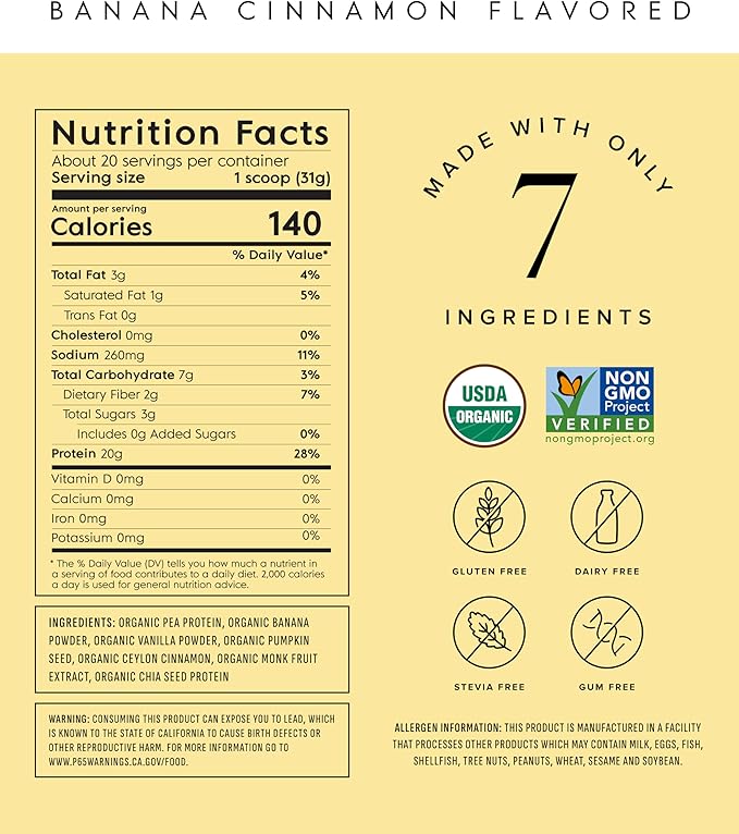 Truvani Vegan Pea Protein Powder | Banana Cinnamon | 20g Organic Plant Based Protein | 20 Servings | Keto | Gluten &amp Dairy Free | Low Carb | No Added Sugar