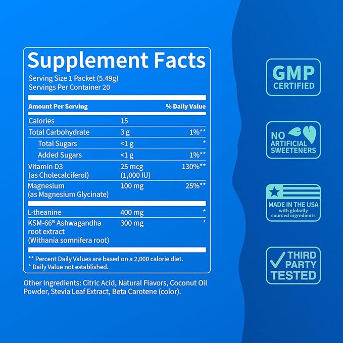 Nello Supercalm Powdered Drink Mix Cortisol Reducer* and Sleep Aid Supplement L Theanine Ksm-66 Ashwagandha Magnesium Glycinate Vitamin D 3 No Sugar Non GMO On The Go 20 Ct Passion Colada