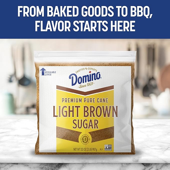 Domino® Light Brown Sugar 2 lb Zipper Bag (2-Pack) - Ideal Sugar for Baking and Desserts - Includes Bonus Recipe Card