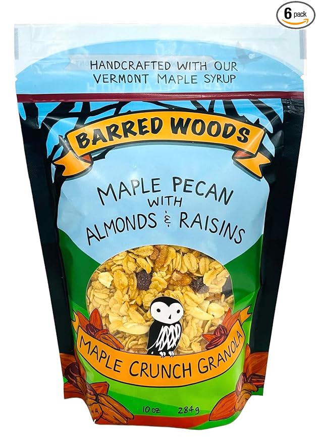 Barred Woods Maple Crunch Granola - Maple Pecan with Almonds and Raisins - Sweetened With Only Our Own Vermont Organic Maple Syrup and Maple Sugar - 10oz Bag (Case of 6 Bags)