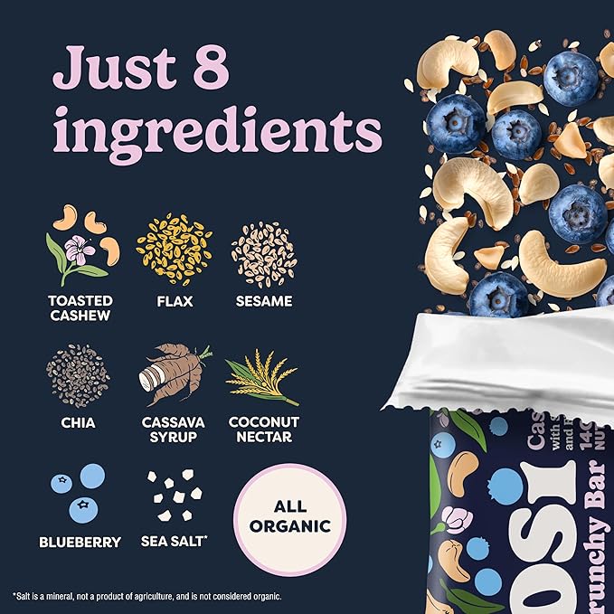 Tosi Meal Nut Bars Cashew Blueberry Healthy Snacks for Adults &amp Kids Crunchy Plant Based Protein Bar (14G) Keto Snacks Vegan Gluten &amp Soy Free Low Sugar Omega 3s 2.4oz 12-Pack