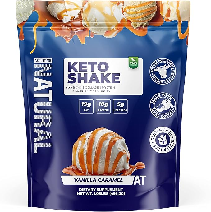 About Time Keto Shake with Bovine Collagen Protein + MCTs from Coconuts - 19g Fat 10g Protein 5g Net Carbs - Vanilla Caramel 1lb