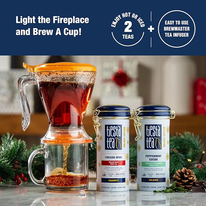 Tiesta Tea - Brewmaster and Cozy Fireside Tea Gift Set Non-Caffeinated Loose Leaf Holiday Tea Blends with Infuser Includes 16oz Tea Infuser &amp 2 Refillable Tins Fireside Spice &amp Peppermint C