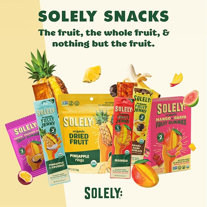 SOLELY - Organic Mango &amp Strawberry Whole Fruit Gummies (Pack of 8 Boxes 5 Bags per Box) - Real Fresh Fruit - Healthy Snacks for Adults &amp Kids - Non GMO Vegan Snacks Shelf Stable - 40 Bags