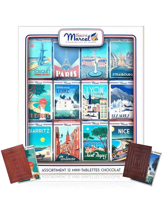 Sacré Marcel – Map of France Gift Box with 12 Mini Chocolate Bars Assorted French Chocolates Individually Wrapped Dark Chocolate Almond Milk Chocolate Hazelnut 3.5oz