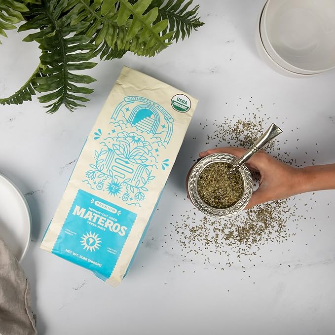 Materos Premium Loose Leaf Yerba Mate Tea - Organic Unsmoked Smooth Traditional Taste from South Brazil - Medium Cut Ideal Hot Drink for Cold Weather Pure Natural Energy &amp Focus - 2 LBs