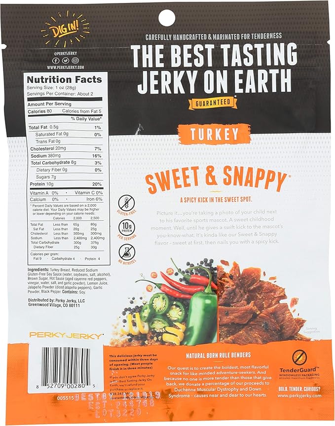 Perky Jerky Antibiotic Free Turkey Sweet &amp Snappy 2.2 ounce bags (Pack of 8)