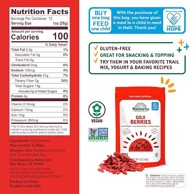 NATIERRA Goji Berries Non-GMO &amp Vegan Gluten-Free No Sugar Added 12 Ounce