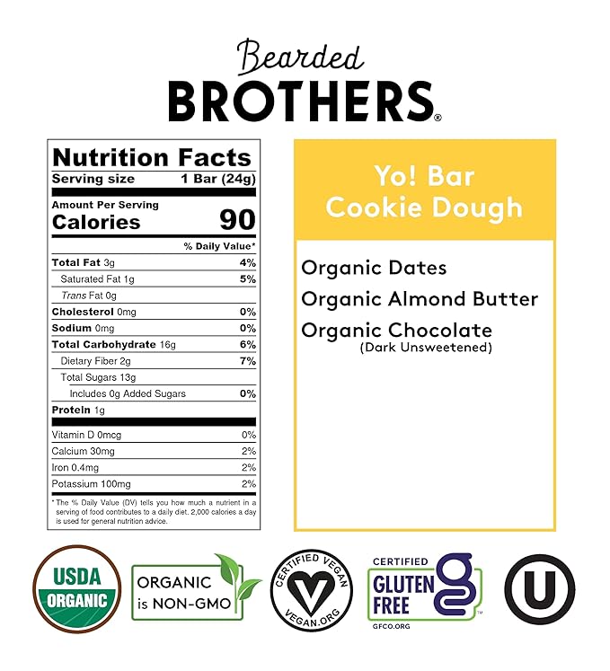 Yo! Bar by Bearded Brothers Vegan Organic Kids Bar Cookie Dough (25 Bars) - Gluten Free Paleo and Whole 30 | Soy Free Non-GMO Low Glycemic No Sugar Added Fiber + Whole Foods