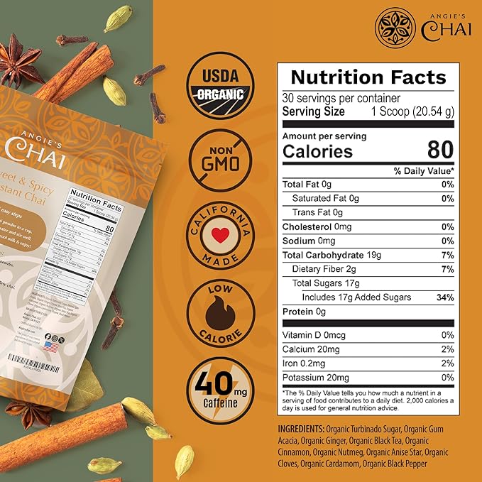 Angie's Chai Sweet &amp Spicy Organic Instant Chai Tea Powder - Made in USA Delicious Spiced Chai Powder Mix 30 Servings 80 Calories Handcrafted Free of Artificial Ingredients Natural Indian Sp