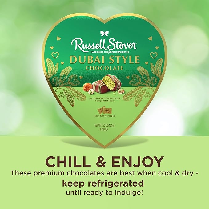 RUSSELL STOVER Valentine's Day Dubai Style Milk Chocolate Candy Pistachio &amp Kataifi Heart Gift Box 4.75 oz.