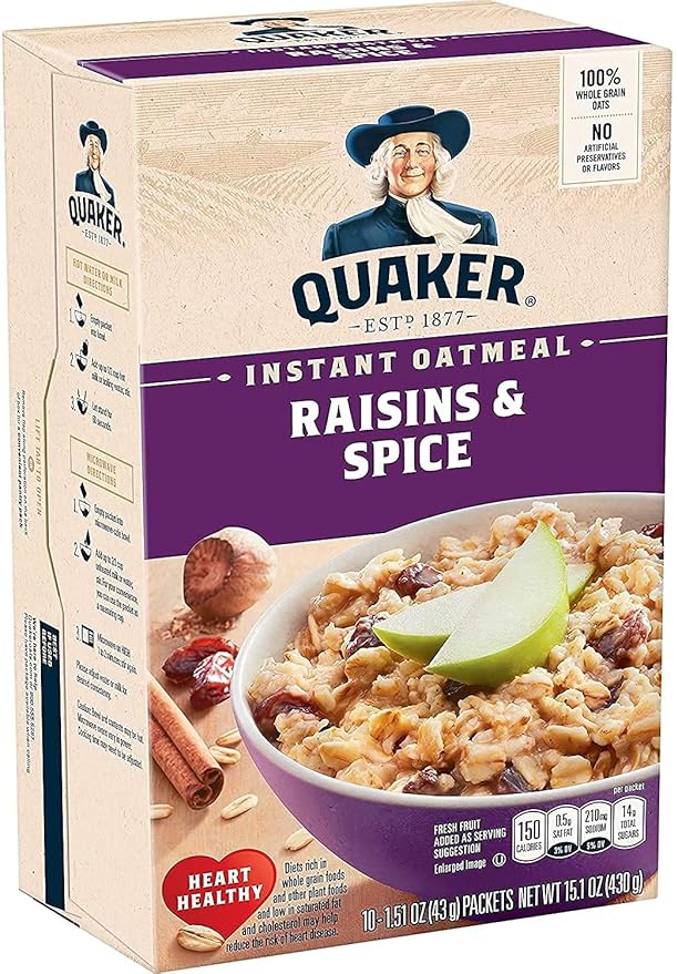 Quaker Instant Oatmeal Raisin &amp Spice Breakfast Cereal 10 count  1.51 oz Packets Per Box (Pack of 4)