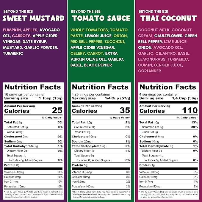 Beyond the Bib - Toddler and Kids Healthy Meal Sauces and Dips - Made with Vegetables No Added Sugar No Salt No Artificial Ingredients - Ready to Eat - For 24+ Months (Tomato Thai Coconut Sweet M