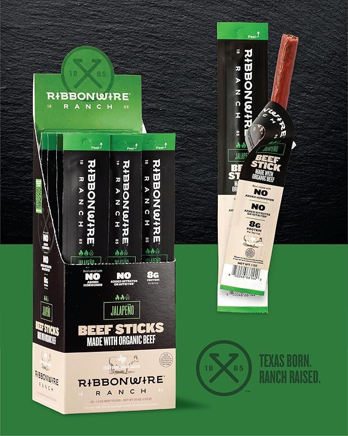 Ribbonwire Ranch Beef Sticks Made with Organic Beef Pasture Raised High Protein Snack Healthy Low Carb Keto Friendly Gluten Free Nitrate Free On the Go 1 Oz Sticks Jalapeno 20 Pack