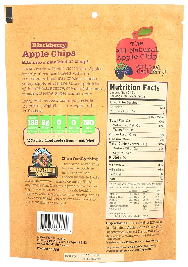 Sisters Fruit Company Blackberry Apple Chips All-Natural No Preservatives Fat-Free (Contains SIX 2.25 OZ. Bags)
