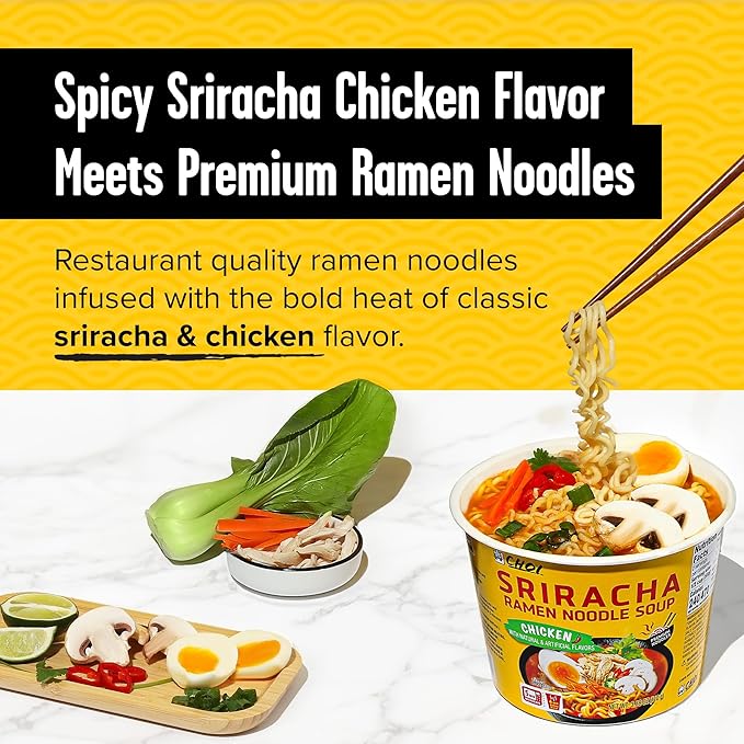 CHOI Sriracha Ramen Noodle Soup Chicken Flavored - Microwavable Bowl 3.8 oz. (110g) 6-Pack