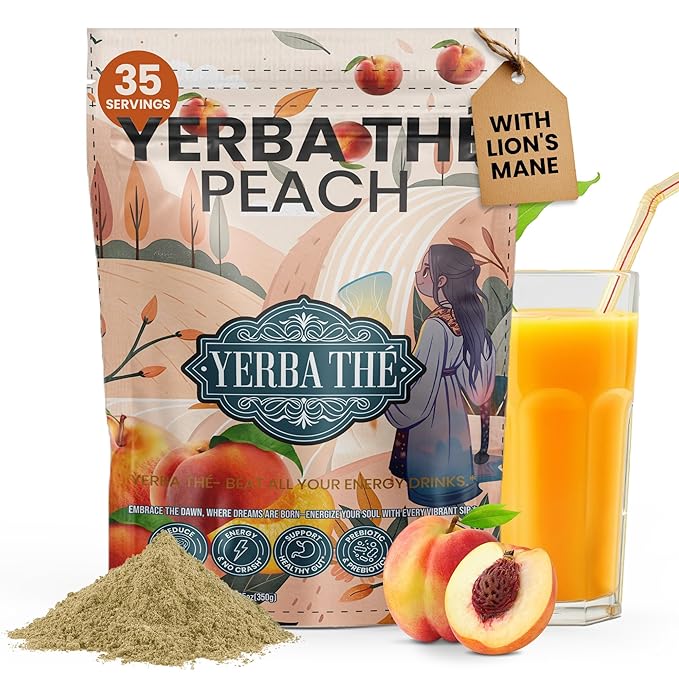 Yerba Mate Powder - Clean Energy &amp Focus - Organic Yerba Mate Tea 350g - Supports Gut Health with Probiotics &amp Prebiotics Brain Fog Relief Focus &amp Relaxation - Peach Flavor 35 Servings
