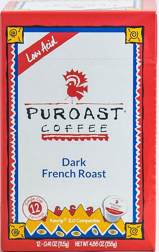 Puroast Low Acid Coffee Single-Serve Pods Bold French Roast High Antioxidant Compatible with Keurig 2.0 Coffee Makers 12 Count