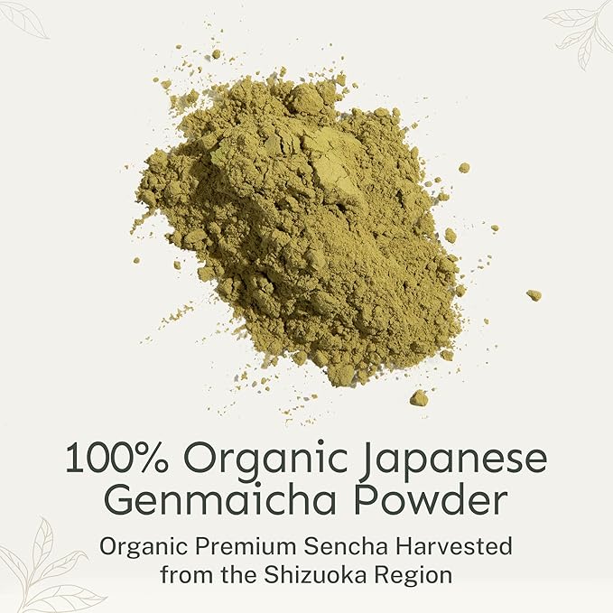 Yu Tea Organic Genmaicha Green Tea Powder 75 Servings | Japanese Green Tea &amp Roasted Brown Rice | Low Caffeine &amp Unsweetened | Relaxation Antioxidants &amp Digestion | Resealable Pouch 2.6