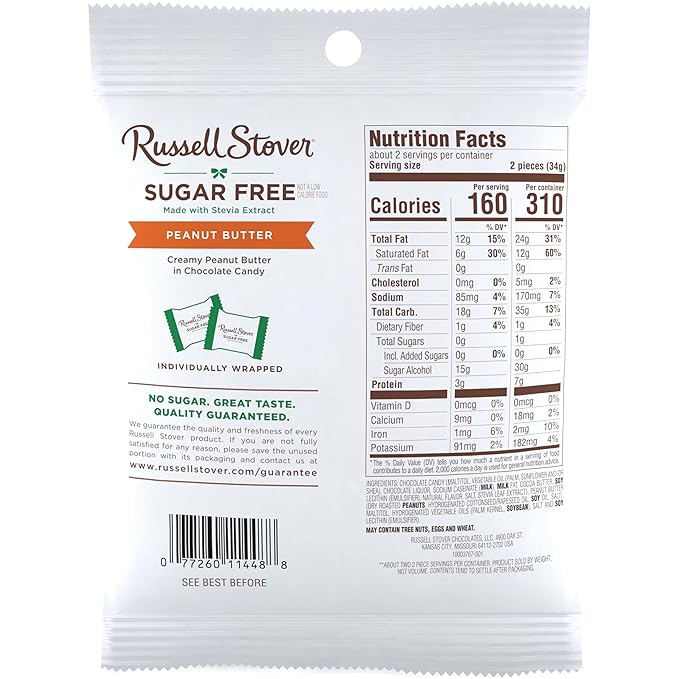 RUSSELL STOVER Sugar Free Peanut Butter Chocolate Candy 2.4 oz. bag (Pack of 10)