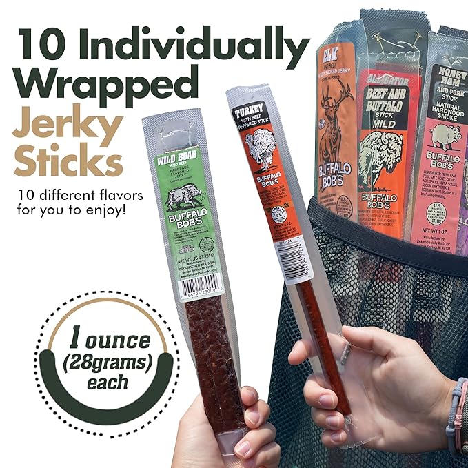 Buffalo Bob’s Wild Game Jerky (10-Pack) | Premium Exotic Meat Sampler Gift Pack | Includes Buffalo Elk Venison Ostrich Wild Boar Camel Alligator Jerky | Ideal for Trips Camping &amp Hiking