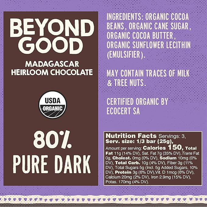 Beyond Good 80% Cocoa Pure Dark Chocolate | 12 Pack - Chocolate Bars | Organic Direct Trade Vegan Kosher Non-GMO | Single Origin Heirloom Madagascar Dark Chocolate