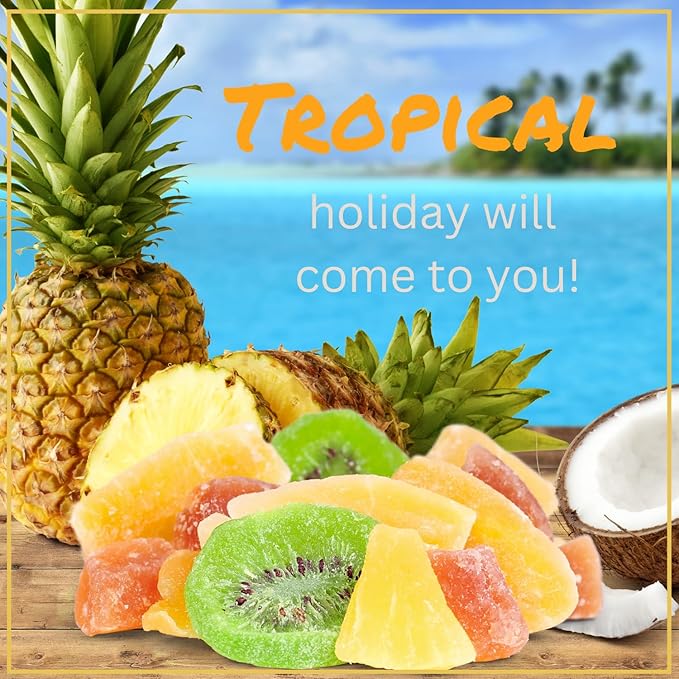Tropical Mixed Dried Fruit Chunks – by It's Delish 5 lbs Bulk | All Natural Refreshing Snack | Mix Of Pineapple Papaya Mango and Kiwi Slices – Low Sugar No Sulphur No Color added | Vegan Kosher