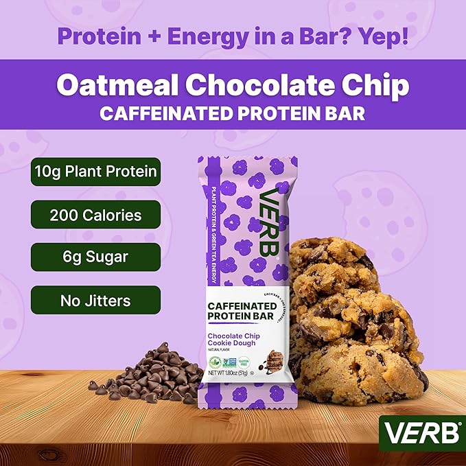 Verb Energy - Caffeinated Protein Bars Chocolate Chip Cookie Dough 190-Calorie Low Sugar 10g Protein Bar - Vegan Snacks - Gluten Free Breakfast Bars with Organic Green Tea 51g Per Bar (Pack of 12)