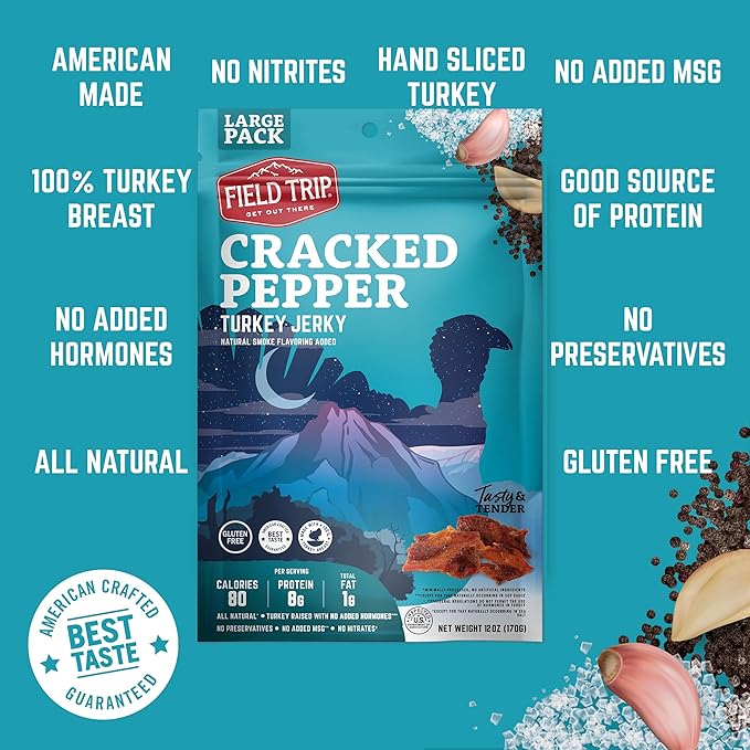 Field Trip Turkey Jerky All Natural Gluten Free Dried Turkey Meat Healthy Paleo-Friendly Low Carb Snack High Protein Snacks with No Nitrates 12oz Bag Cracked Pepper