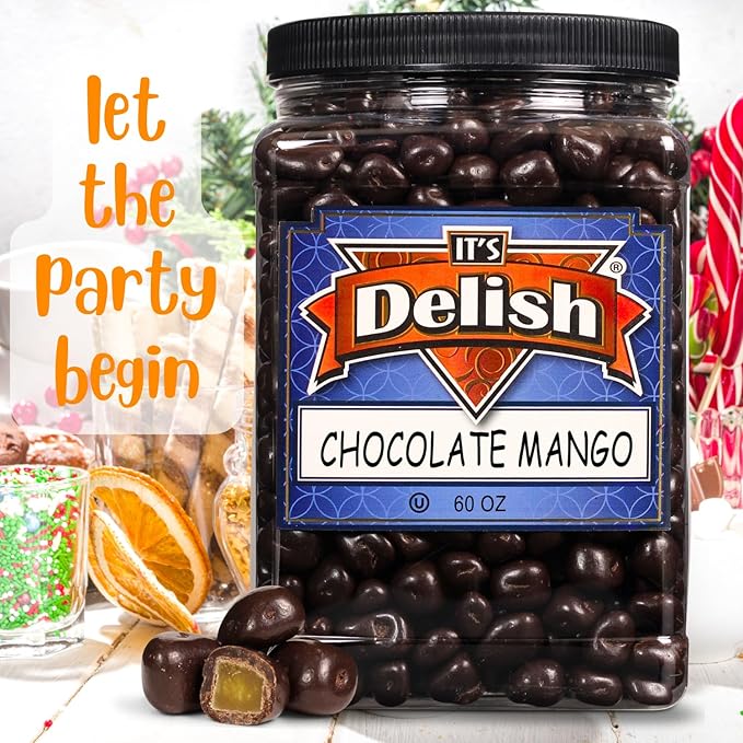 Dark Chocolate Covered Dried Mango by It's Delish 3.75 LBS Jumbo Container | Gourmet Chocolate Covered Mango Bits Fruit Snacks Bulk Chocolate Candy Treats | Vegan Non-Dairy Kosher