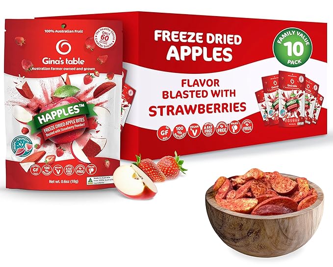 Happles Freeze Dried Apples with Strawberry Fruit Powder – 100% Natural No Added Sugar Healthy Low Calorie Apple Crisps Snack for Adults &amp Kids Gluten Free No Artificial Flavours (10 Pack)