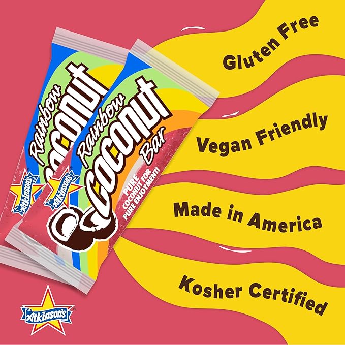 Atkinson's Rainbow Coconut Bar - Fresh Coconut and Tropical Flavored Treat - Gluten Free Kosher Vegan - 1.65 oz. Bar - 24 Count Pack