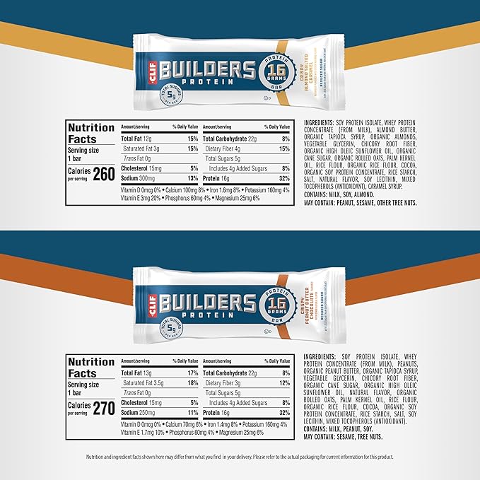 CLIF BUILDERS Protein Bars - Crispy Almond Salted Caramel and Crispy Peanut Butter Chocolate Variety Pack - Reduced Sugar - Gluten Free - 16g Protein - No Artificial Sweeteners - 1.97 oz. (12 Count)