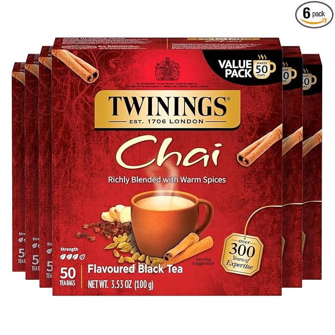 Twinings Chai Black Tea Individually Wrapped Bags 50 Count (Pack of 6) Sweet Savoury Spices Caffeinated Enjoy Hot or Iced 300 Teabags