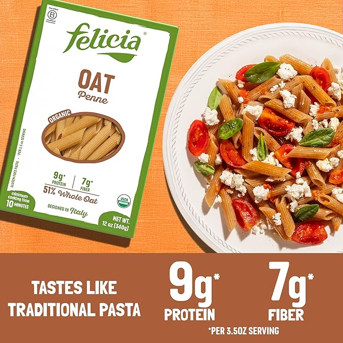 Felicia Gluten Free Pasta Oat Penne Organic Whole Grain Noodles Made With 51% Whole Oat and Brown Rice Natural Fiber Ingredients Designed in Italy Plant Based Non GMO 12 Oz 6 Boxes