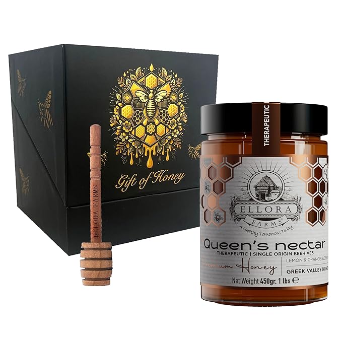 Ellora Farms Greek Honey Lemon &amp Orange Blossom Raw Unpasteurized Honey 2025 Paris Platinum Award Non-GMO and Unpasteurized Gift Pack with Dipper - 450g (16oz)