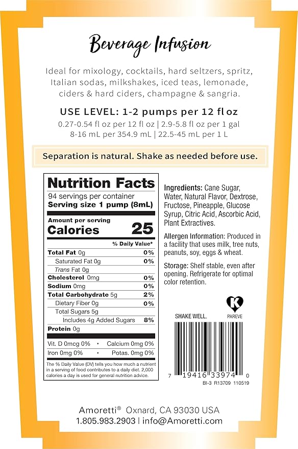 Amoretti - Spicy Pineapple Beverage Infusion - Drink Mix &amp Water Enhancer with Pump for Flavoring Cocktails Waters Teas and other Beverages Preservative Free
