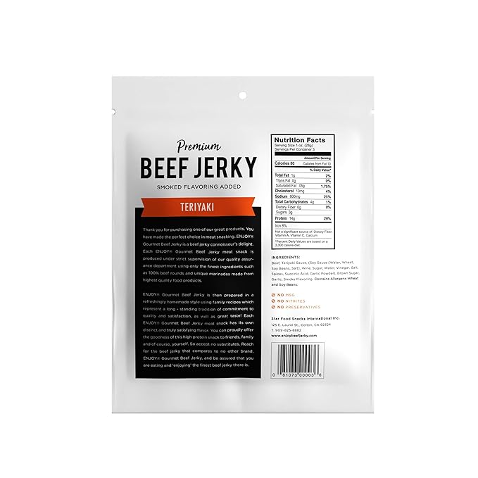 Enjoy Teriyaki Beef Jerky 3 oz (Pack of 6) | Traditional Style | High Protein | Low Fat | Zero Trans Fat | No Preservatives | No MSG | No Nitrites | USA Made | Resealable Bags