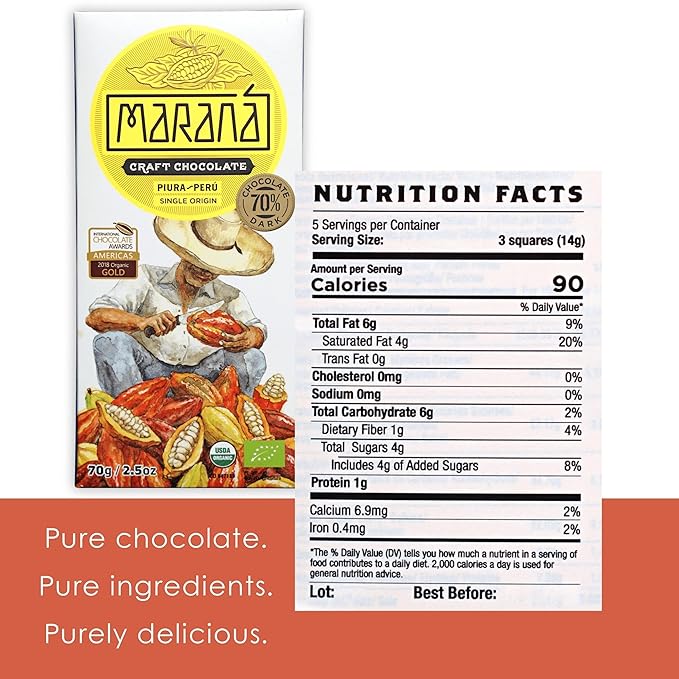 Maraná Chocolate Piura 70% Dark Chocolate 3 Pack - Peruvian Chocolate - Premium Bean-to-Bar Direct Sourced Made at Origin Single Origin Woman Owned BIPOC Owned Organic Award Winning - Vegan S