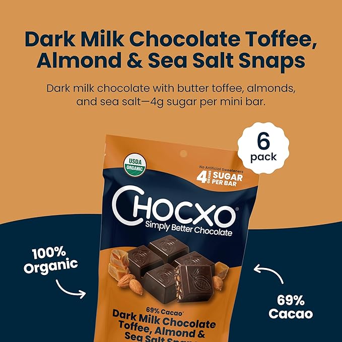 Chocxo Dark Milk Chocolate Toffee Almond &amp Sea Salt Snaps - Low in Real Sugar Organic Non-GMO Gluten Free &amp Kosher No Artificial Sweeteners or Sugar Alcohols 3.45 oz (Pack of 4)