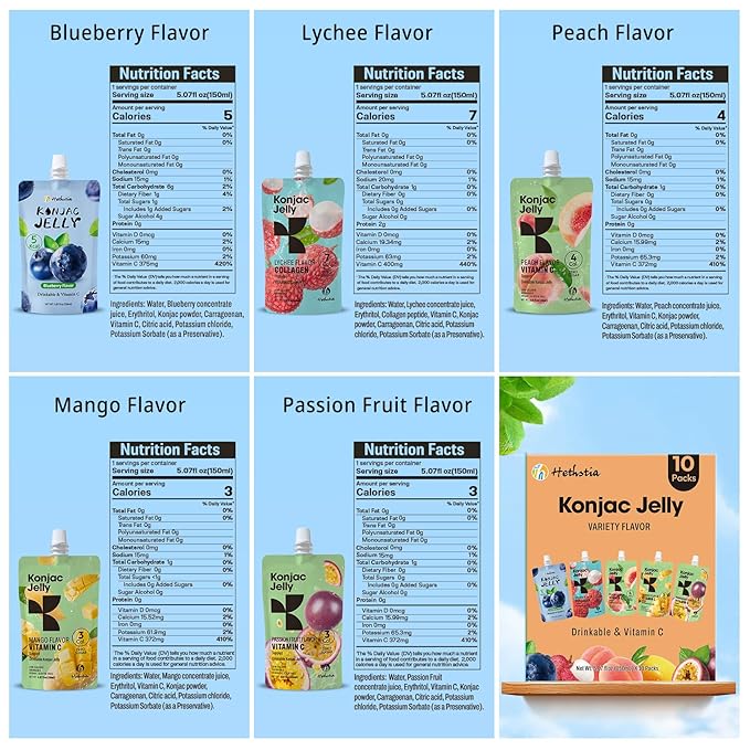Hethstia High Protein Ramen Soup Chicken Flavor 6-Pack and Konjac Jelly Variety Pack 10 Drinkable Jelly Pouches – Lychee Blueberry Peach Mango Passion Fruit
