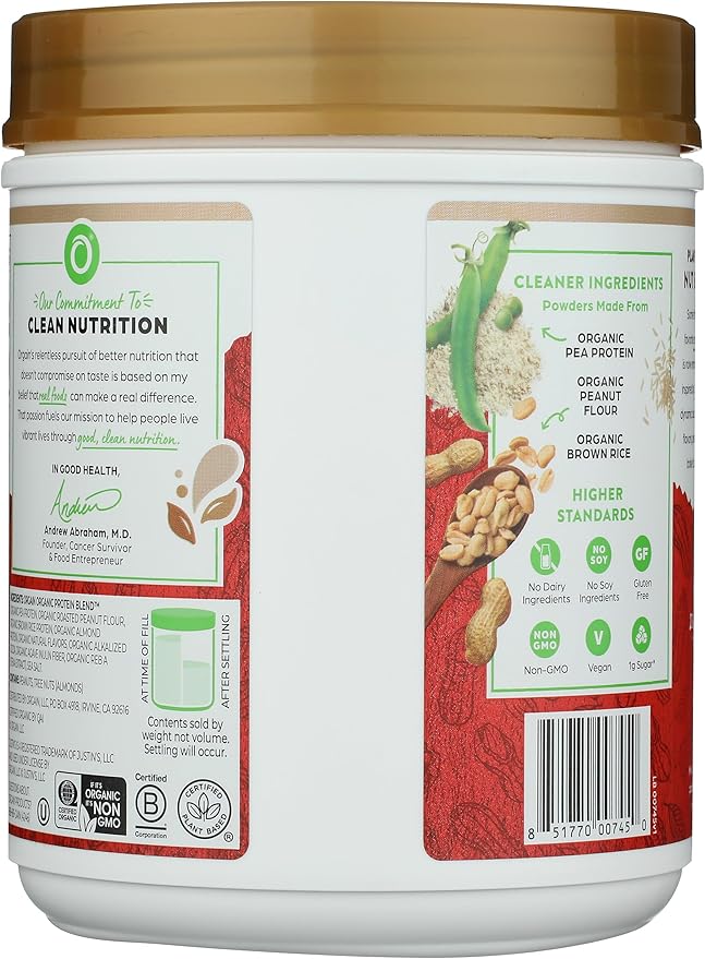 Orgain X Justin's ® Organic Vegan Nut Butter Protein Powder Chocolate Peanut Butter- 20g Plant Protein 1g Sugar Gluten Free No Dairy Soy Ingredients or Artificial Flavors 1.17 lb
