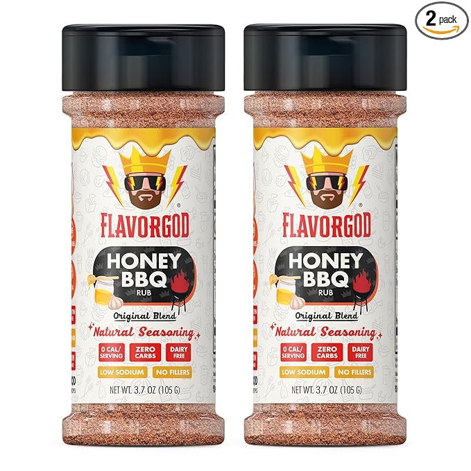 Honey BBQ Rub Mix 2 Bottles by Flavor God - Premium All Natural &amp Healthy Spice Blend for Grilling Chicken Beef Chili Seafood Vegetables &amp Salad - Kosher Gluten-Free Dairy-Free Steak R