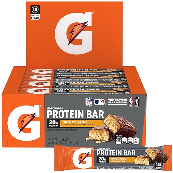 Gatorade Whey Protein Bars Chocolate Caramel 2.8 oz bars (Pack of 12 20g of protein per bar)