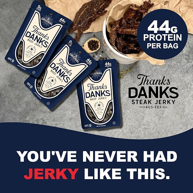 Thanks Danks - The Original - Small Batch Grass-Fed Steak Jerky - Sugar Free Gluten Free Nitrate Free - Guilt-Free Protein Snack - 57g (3 Pack)