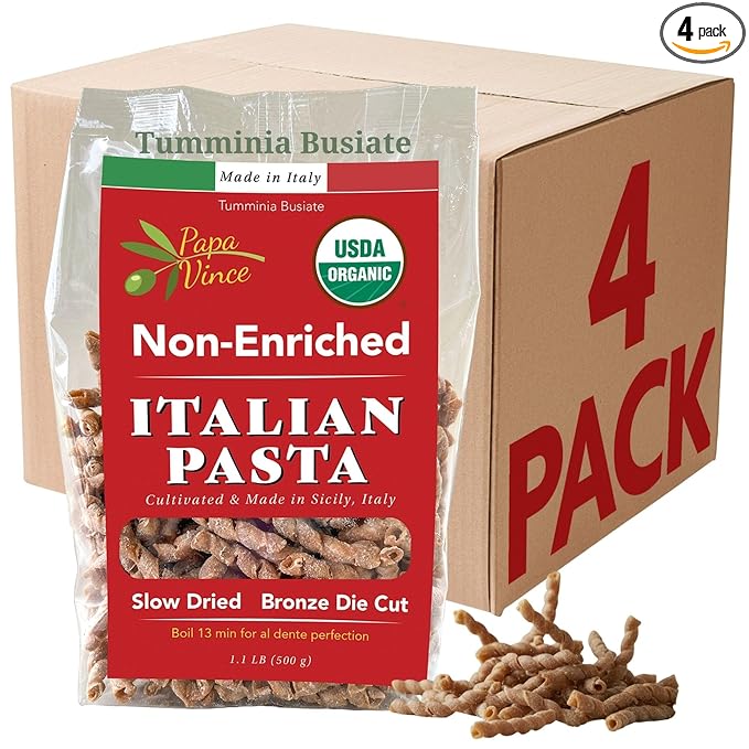 Papa Vince Organic Non Enriched Pasta - non fortified no folic acid naturally occurring Vitamin B made in Italy ancient grain slow dried bronze die cut. Corkscrew pasta that is fancy and gourmet