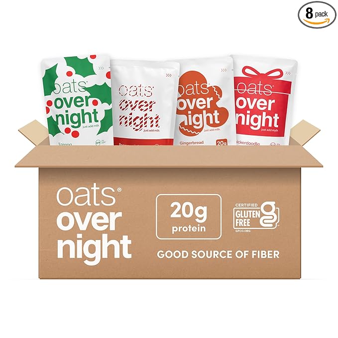 Oats Overnight - Holiday Variety Pack 20g Protein 5g Fiber Breakfast Shake - Gluten Free Non GMO Oatmeal Snickerdoodle Gingerbread &amp More (8 Pack)