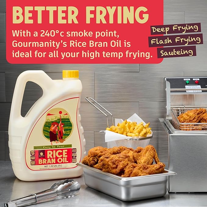 Gourmanity Rice Bran Oil Bulk 1.32 Gallon Easy Pour Bottle Heart Healthy Oil Made From 100% Pure Rice Bran Perfect for Cooking Frying &amp Skincare Non GMO Halal Kosher (169 fl oz/1.32 gal)